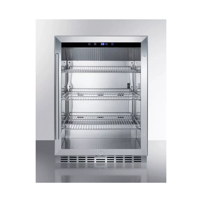 Summit Commercial Series SCR611GLOS 24 Inch Outdoor Beverage Center with 5 cu. ft. Capacity, Weatherproof Construction, CFC Free, Adjustable Cantilevered Shelves, Double-Pane Tempered Glass Door, LED Lighting, Digital Thermostat, and Sabbath Mode