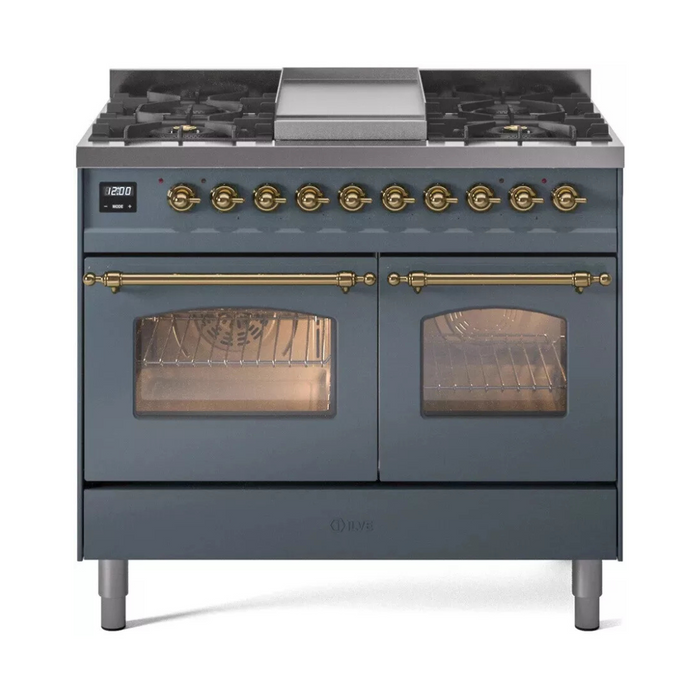 Ilve Nostalgie II Collection UPD40FNMPBGG 40 Inch Freestanding Dual Fuel Range with 6 Sealed Burners, 4.3 cu. ft. Total Capacity, Storage Drawer, and Griddle: Blue Grey, Brass Trim - NG