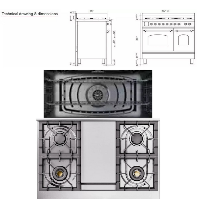 Ilve Nostalgie II Collection UPD40FNMPBGG 40 Inch Freestanding Dual Fuel Range with 6 Sealed Burners, 4.3 cu. ft. Total Capacity, Storage Drawer, and Griddle: Blue Grey, Brass Trim - NG