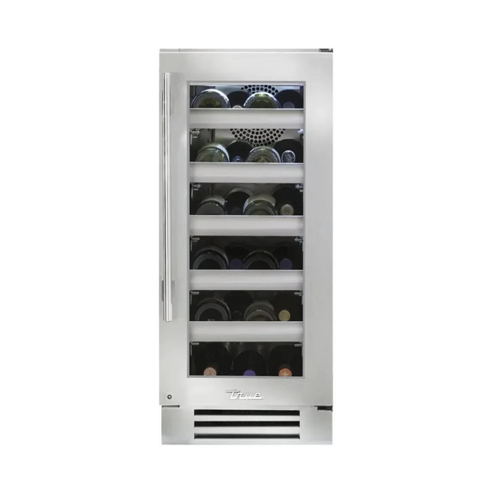 True Residential TWC15RSGC 15 Inch Undercounter Single Zone Wine Cooler with 23 Bottle Capacity, 5 Glide-Out Racks, 1 Floor Cradle, TruLumina® LED Lighting, True Precision Control®, Temperature Range 40˚F - 65˚F, and UL Rated: Stainless Glass, Right Hinge