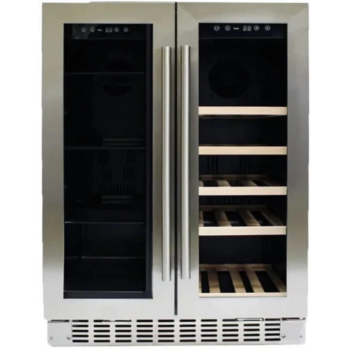 Azure A124DZS 24 Inch Built-In Dual Zone Beverage and Wine Center with 58-Can Capacity, 15-Bottle Capacity, 4 Glass Shelves, 5 Wood Wine Racks, French Door Swing, Blue LED Lighting, Digital Controls, 36-43°F/40-65°F Temperature Ranges, and ADA Compliant