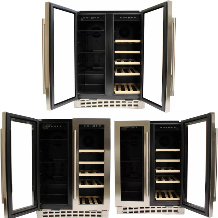 Azure A124DZS 24 Inch Built-In Dual Zone Beverage and Wine Center with 58-Can Capacity, 15-Bottle Capacity, 4 Glass Shelves, 5 Wood Wine Racks, French Door Swing, Blue LED Lighting, Digital Controls, 36-43°F/40-65°F Temperature Ranges, and ADA Compliant