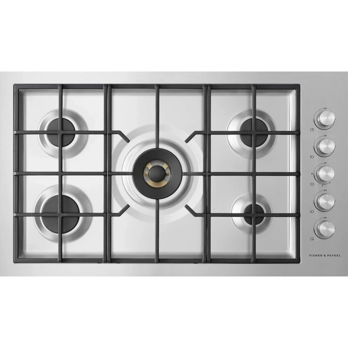 Fisher & Paykel Series 9 Contemporary Series CG365DLPRX2N 36 Inch Gas Cooktop with 5 Sealed Burners, Continuous Grates, Dual Wok Burner, Innovalve Technology, Auto-Reignition, Electronic Ignition and Wok Stand; Liquid Propane