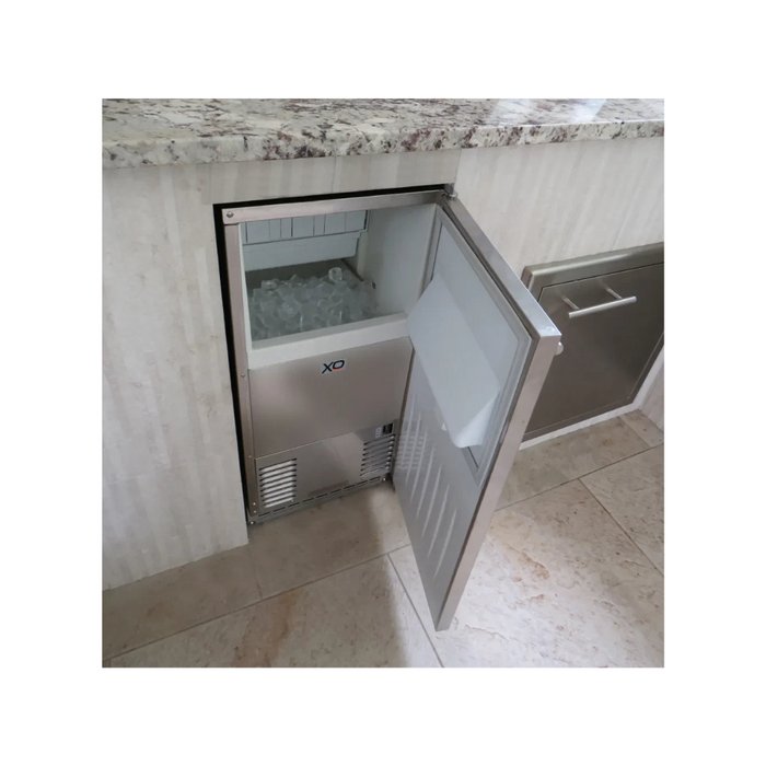 XO XOUIM1565SP 15 Inch Built-In Indoor/Outdoor Gourmet Ice Maker with Crystal Clear Cubes, 65lbs Daily Production, 25lbs Storage, Zero Clearance Hinge, Front Venting and Fingerprint Resistant Stainless Steel Finish: Drain Pump Installed