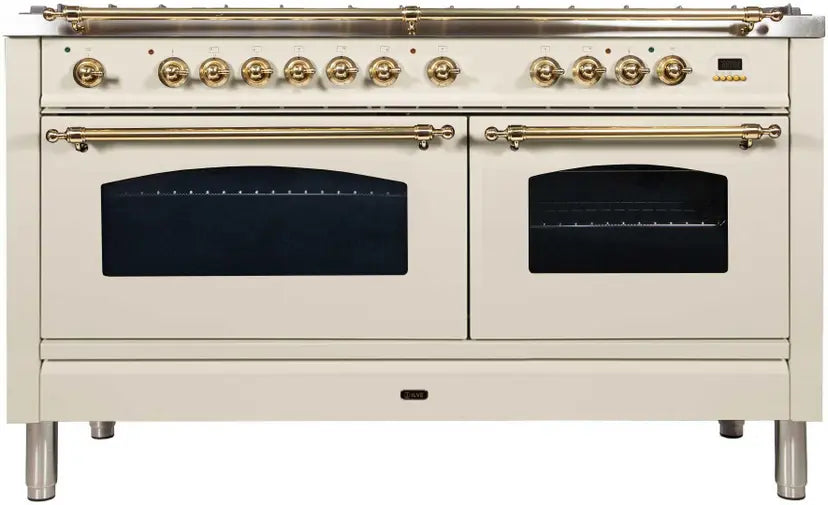ILVE 60" Nostalgie Dual Fuel Range 8 Burner Griddle Antique White Brass NG UPN150FDMPA + KCN150G