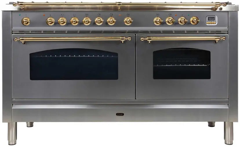 ILVE 60" Nostalgie Dual Fuel Range 8 Burner Griddle Stainless Steel Brass LP UPN150FDMPILP + KCN150G