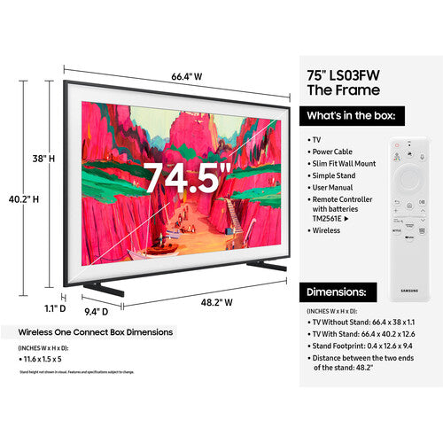 Samsung QN75LS03FW 75” Class LS03FW The Frame Pro Series Neo QLED 4K UHD Art Mode SamsungVision AI Smart TV QN75LS03FWFXZA