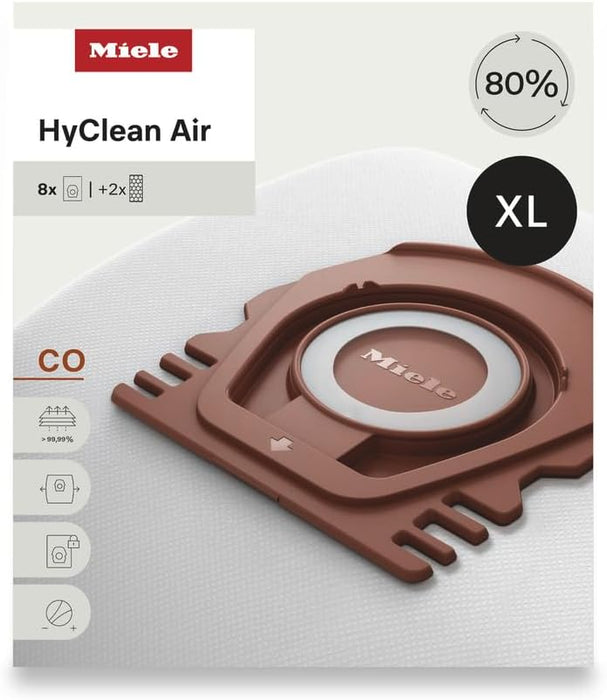 Miele HyClean Air CO Vacuum Cleaner Bags for Miele Guard M1 Vacuum Cleaners, XL Pack of 8 Vacuum Bags and 2 AirClean Exhaust Filters – 12909630