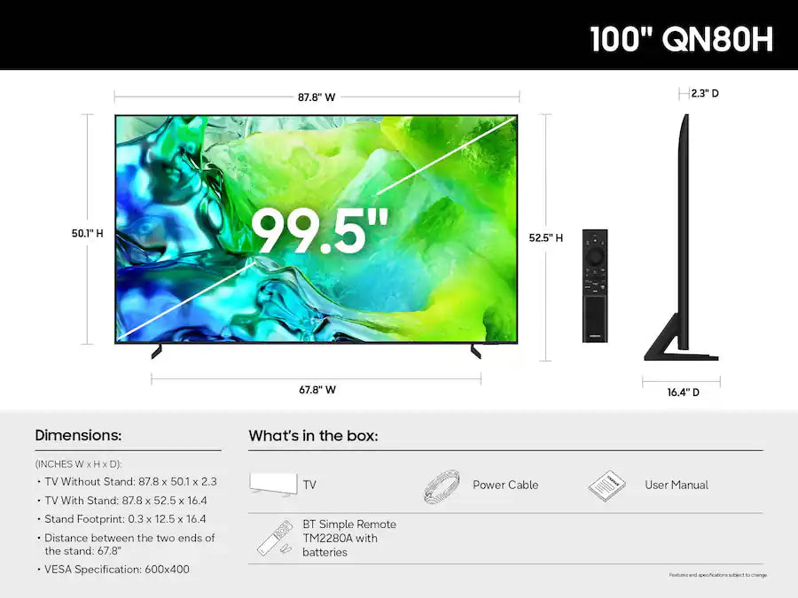 Samsung - 100” Class QN80H Series Neo QLED Mini LED 4K UHD SamsungVision AI Smart Tizen TV QN100QN80HFXZA