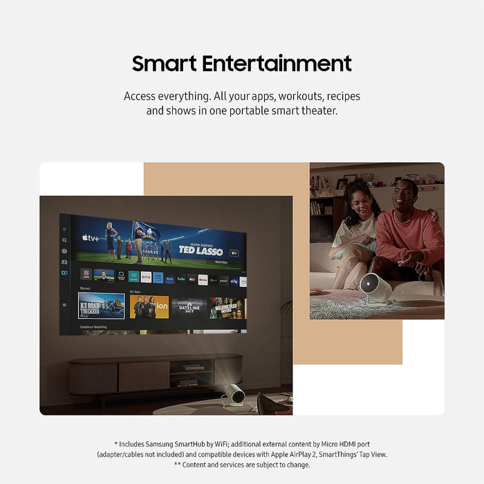 SAMSUNG 30” - 100” Smart Portable Projector, Freestyle 2nd Gen with Gaming Hub,  FHD, HDR, Big Screen Home Theater Experience, 360 Sound, SP-LFF3CLAXXZA, 2023 Model