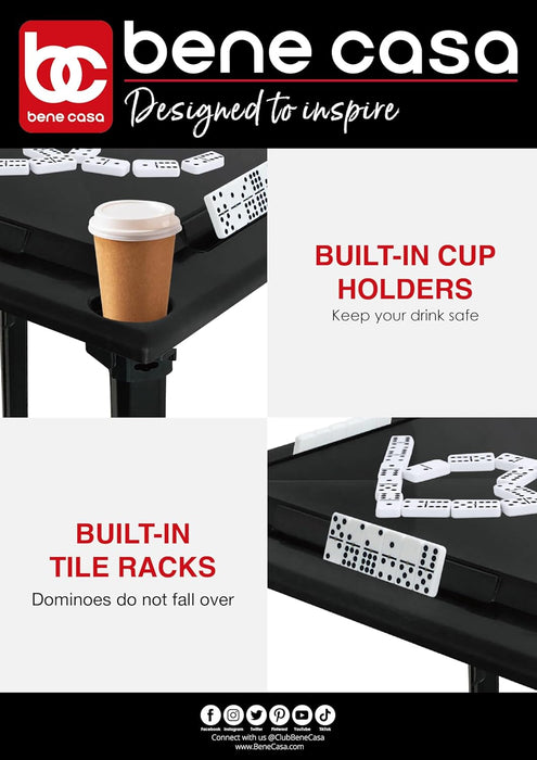 Bene Casa - Black Indoor & Outdoor Domino and Game Table Includes Domino and Scrabble Tile Racks and Cup Holders - Table Legs are Removable for Easy Storage - Mesa de Juego