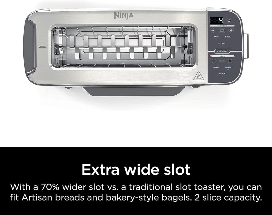 Ninja ST101 Foodi 2-in-1 Flip Toaster, 2-Slice Capacity, Compact Toaster Oven, Snack Maker, Reheat, Defrost, 1500 Watts, Stainless Steel, 6 Functions