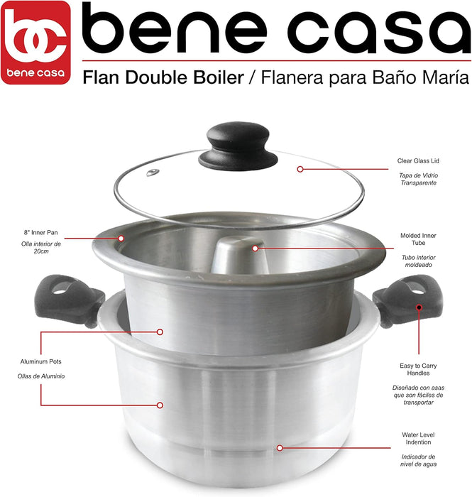 Bene Casa - Aluminum Flan Mold Double Boiler with Glass Lid (1.6 Liter) - Includes Aluminum Inner Pan (8") - Dishwasher Safe BC-58378