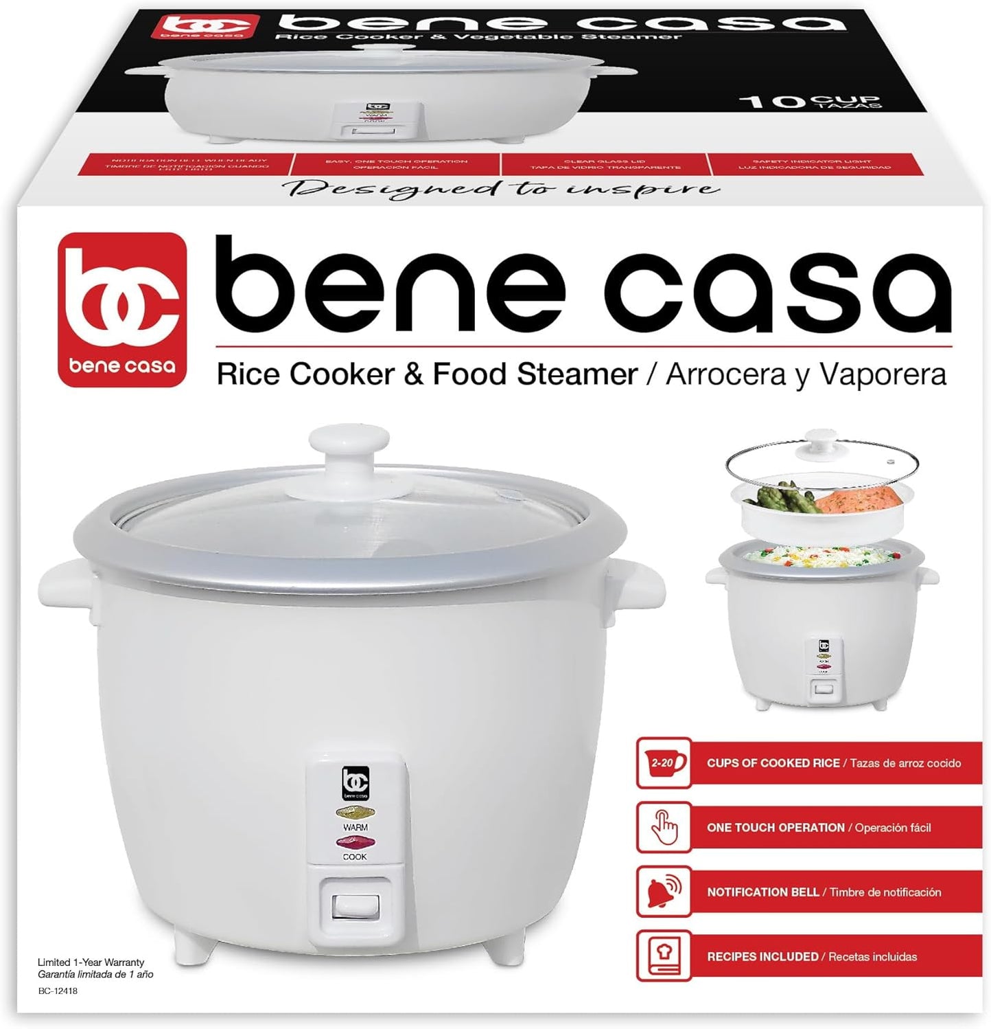 Bene Casa Rice Cooker with glass lid, 10-Cup Dishwasher safe rice cook ...
