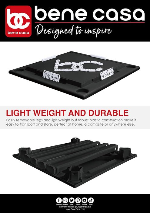 Bene Casa - Black Indoor & Outdoor Domino and Game Table Includes Domino and Scrabble Tile Racks and Cup Holders - Table Legs are Removable for Easy Storage - Mesa de Juego