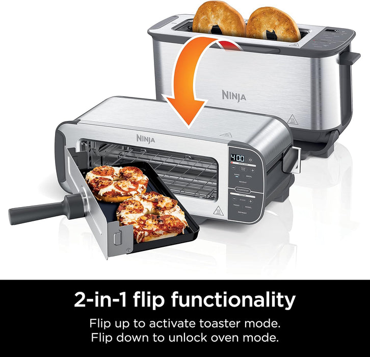 Ninja ST101 Foodi 2-in-1 Flip Toaster, 2-Slice Capacity, Compact Toaster Oven, Snack Maker, Reheat, Defrost, 1500 Watts, Stainless Steel, 6 Functions