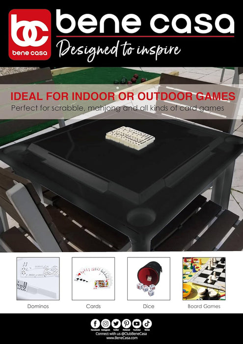 Bene Casa - Black Indoor & Outdoor Domino and Game Table Includes Domino and Scrabble Tile Racks and Cup Holders - Table Legs are Removable for Easy Storage - Mesa de Juego