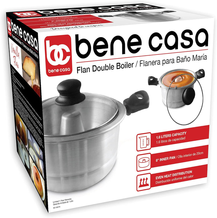 Bene Casa - Aluminum Flan Mold Double Boiler with Glass Lid (1.6 Liter) - Includes Aluminum Inner Pan (8") - Dishwasher Safe BC-58378