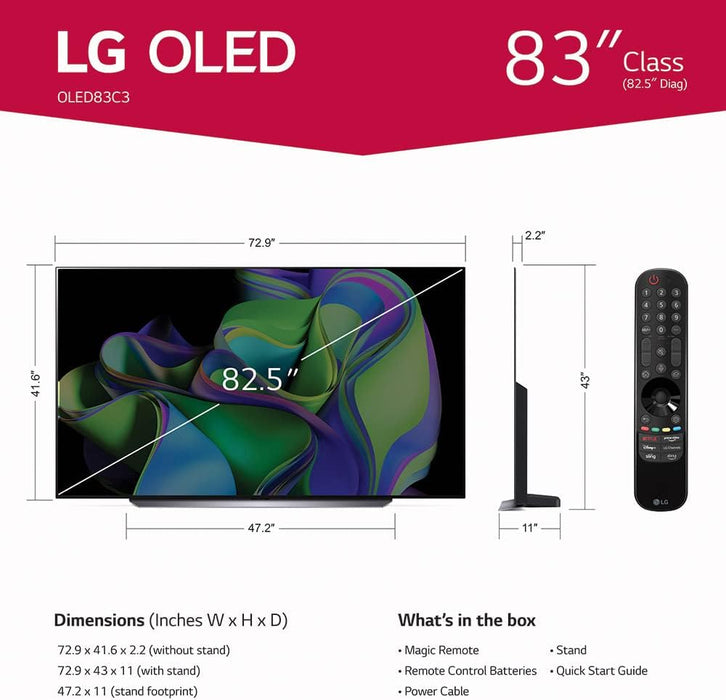 LG OLED83C3PUA C3 Series 83-Inch Class OLED evo 4K Processor Smart Flat Screen Wall Mount TV with Magic Remote AI-Powered OLED83C3PUA, 2023 with Alexa Built-in