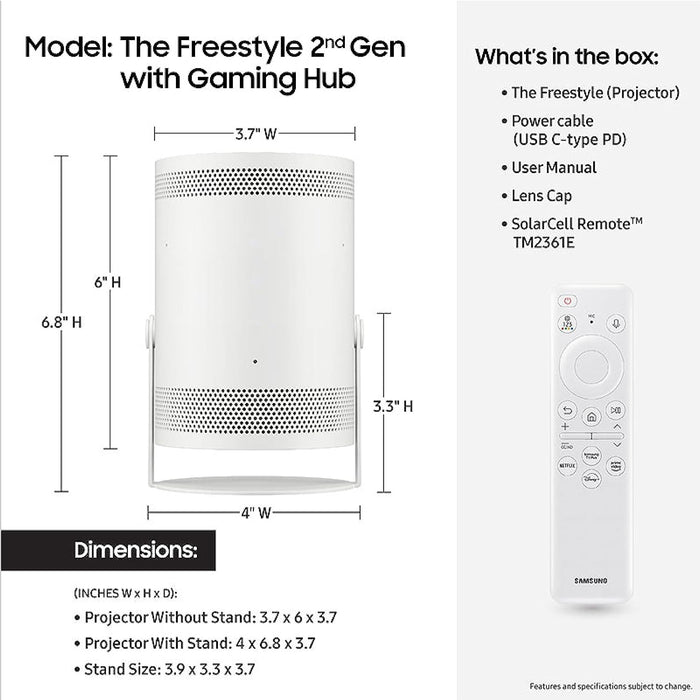SAMSUNG 30” - 100” Smart Portable Projector, Freestyle 2nd Gen with Gaming Hub,  FHD, HDR, Big Screen Home Theater Experience, 360 Sound, SP-LFF3CLAXXZA, 2023 Model