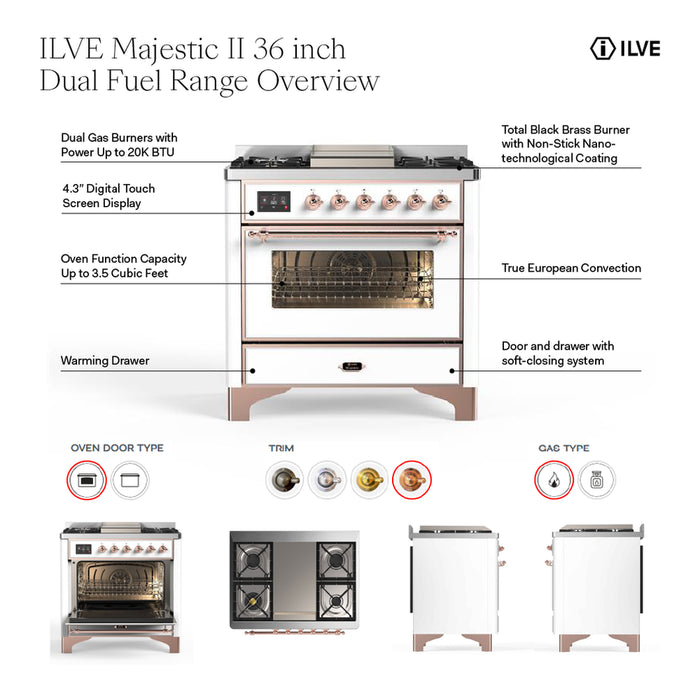 ILVE UM09FDNS3WHP Majestic II 36 inch Dual Fuel Range with 6 Black Brass Burners, Griddle (Triple Glass Door, White, Copper, Natural Gas)