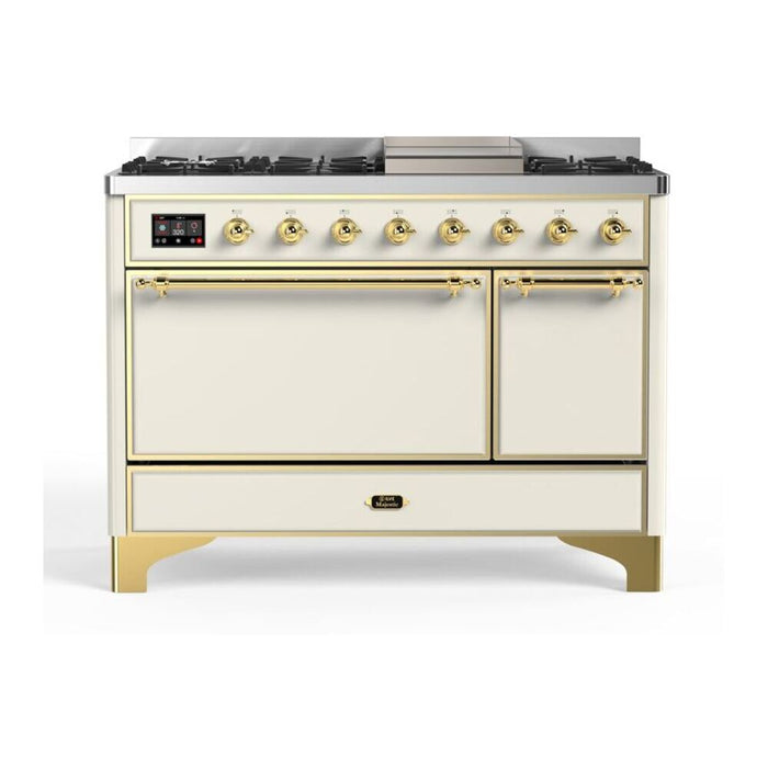 ILVE UM12FDQNS3AWG Majestic II 48 inch Dual Fuel Range with 8 Black Brass Burners, Griddle (Natural Gas, Solid Door, Antique White, Brass)