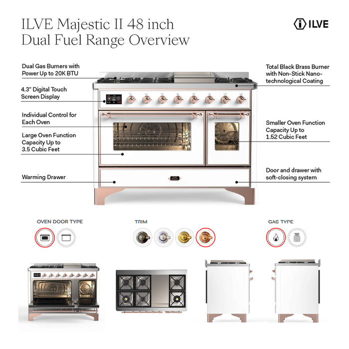 ILVE UM12FDQNS3AWG Majestic II 48 inch Dual Fuel Range with 8 Black Brass Burners, Griddle (Natural Gas, Solid Door, Antique White, Brass)