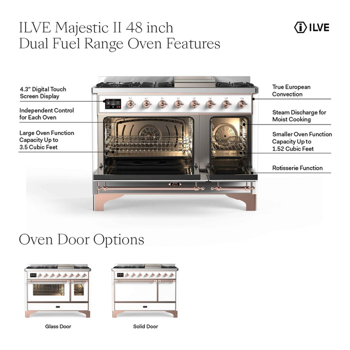 ILVE UM12FDQNS3AWG Majestic II 48 inch Dual Fuel Range with 8 Black Brass Burners, Griddle (Natural Gas, Solid Door, Antique White, Brass)