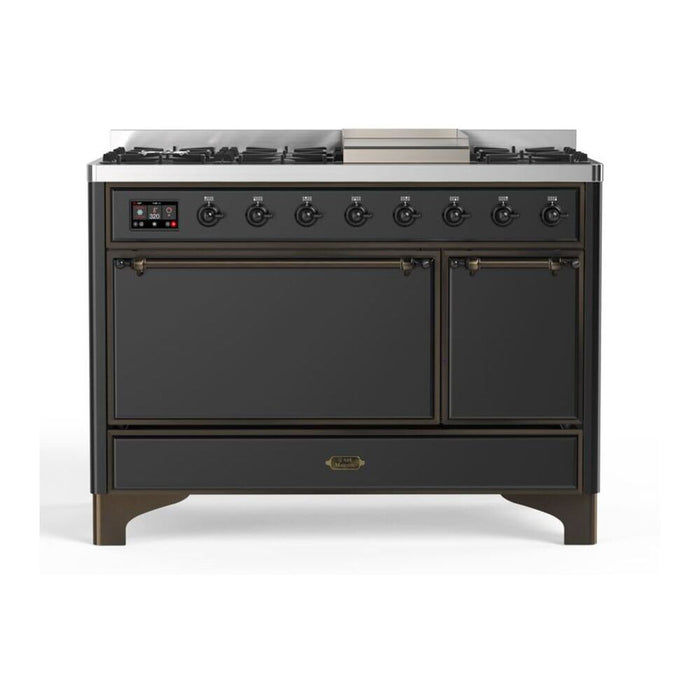 ILVE UM12FDQNS3MGB Majestic II 48 inch Dual Fuel Range with 8 Black Brass Burners, Griddle (Natural Gas, Solid Door, Graphite Matte, Burnished)