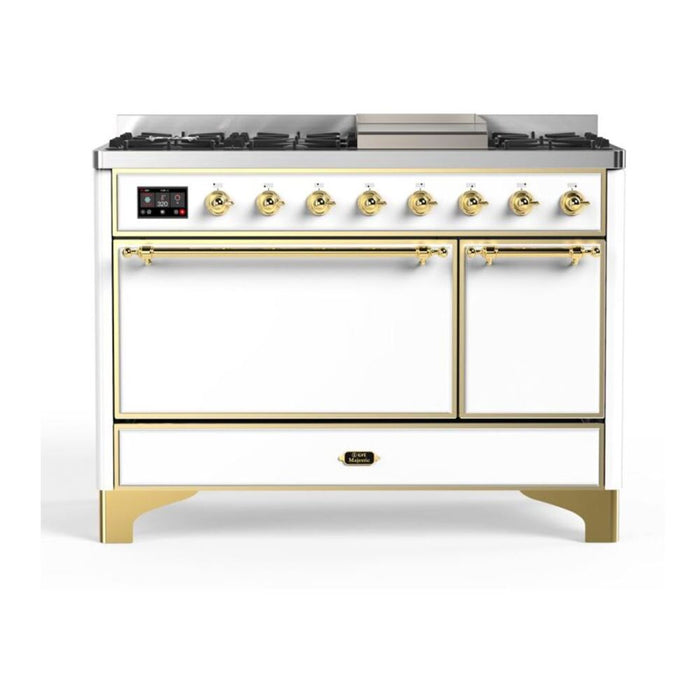 ILVE UM12FDQNS3WHG Majestic II 48 inch Dual Fuel Range with 8 Black Brass Burners, Griddle (Natural Gas, Solid Door, White, Brass)