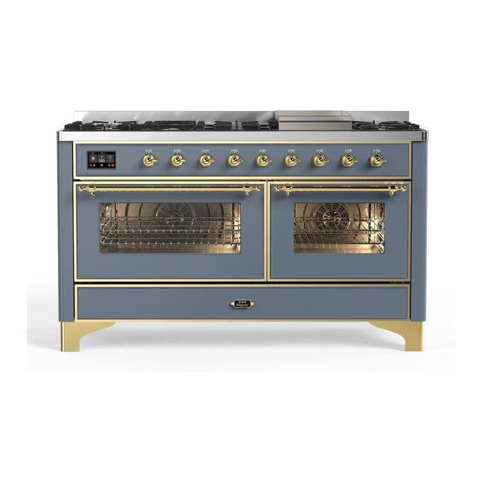 ILVE UM15FDNS3BGG Majestic II 60 inch Dual Fuel Range with 9 Burners, Griddle (Natural Gas, Triple Glass Door, Blue Grey, Brass)