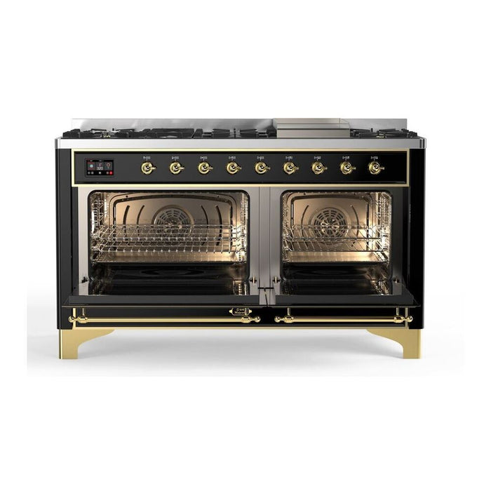 ILVE 60" Majestic II Dual Fuel Range 9 Burner Griddle Glossy Black Brass NG UM15FDNS3BKG + AMC150