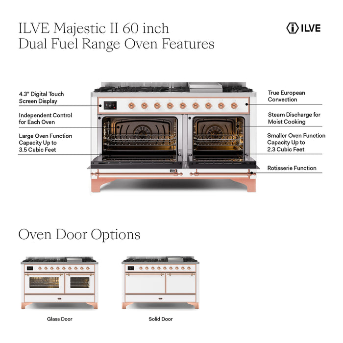 ILVE UM15FDNS3MBC Majestic II 60 inch Dual Fuel Range with 9 Burners, Griddle (Natural Gas, Triple Glass Door, Midnight Blue, Chrome)