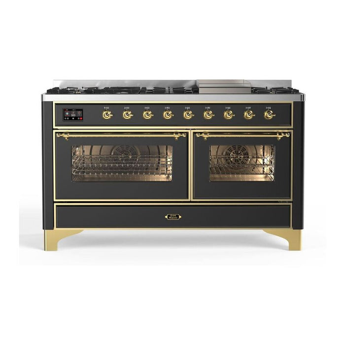ILVE UM15FDNS3MGG Majestic II 60 inch Dual Fuel Range with 9 Burners, Griddle (Natural Gas, Triple Glass Door, Graphite Matte, Brass)