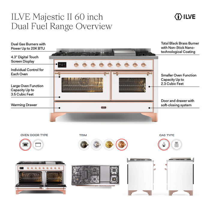 ILVE UM15FDNS3MGG Majestic II 60 inch Dual Fuel Range with 9 Burners, Griddle (Natural Gas, Triple Glass Door, Graphite Matte, Brass)