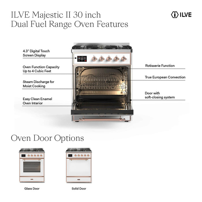 ILVE UM30DNE3MGG Majestic II 30 inch Dual Fuel Range with 5 Black Brass Burners (Natural Gas, Triple Glass Door, Graphite Matte, Brass)