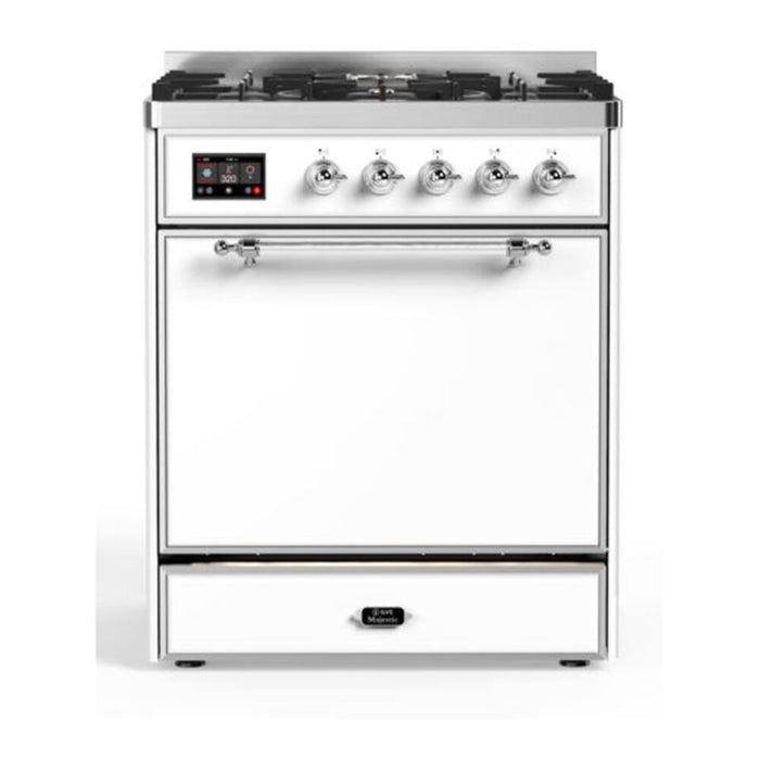 ILVE UM30DQNE3WHC Majestic II 30 inch Dual Fuel Range with 5 Black Brass Burners (Natural Gas, Solid Door, White, Chrome)