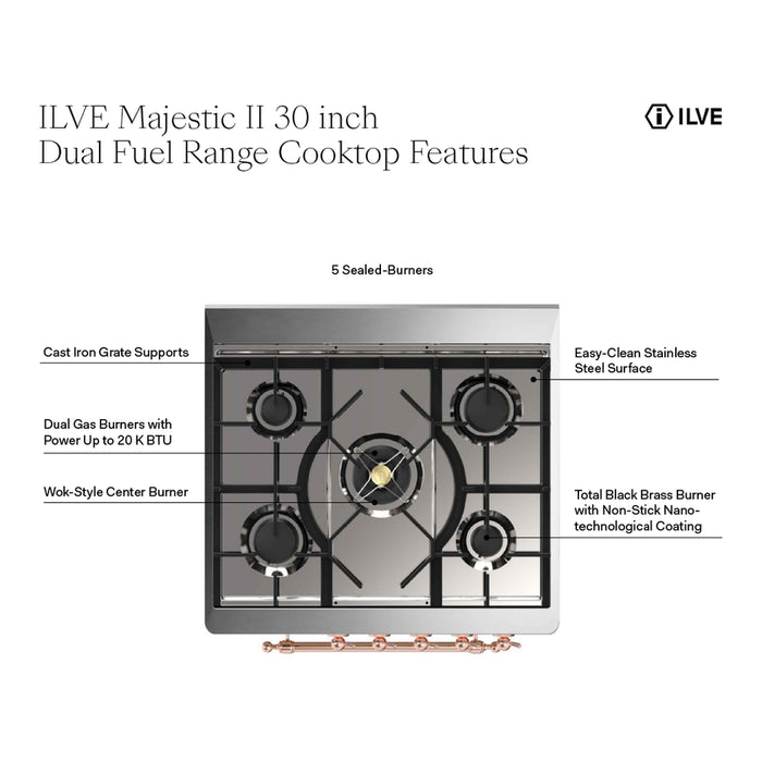ILVE UM30DQNE3WHC Majestic II 30 inch Dual Fuel Range with 5 Black Brass Burners (Natural Gas, Solid Door, White, Chrome)