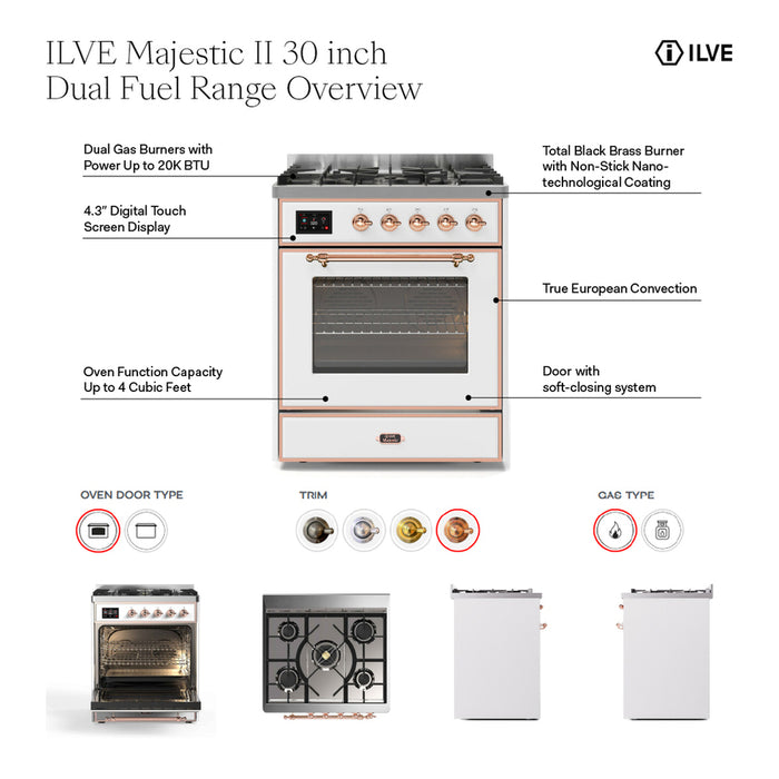 ILVE UM30DQNE3WHC Majestic II 30 inch Dual Fuel Range with 5 Black Brass Burners (Natural Gas, Solid Door, White, Chrome)