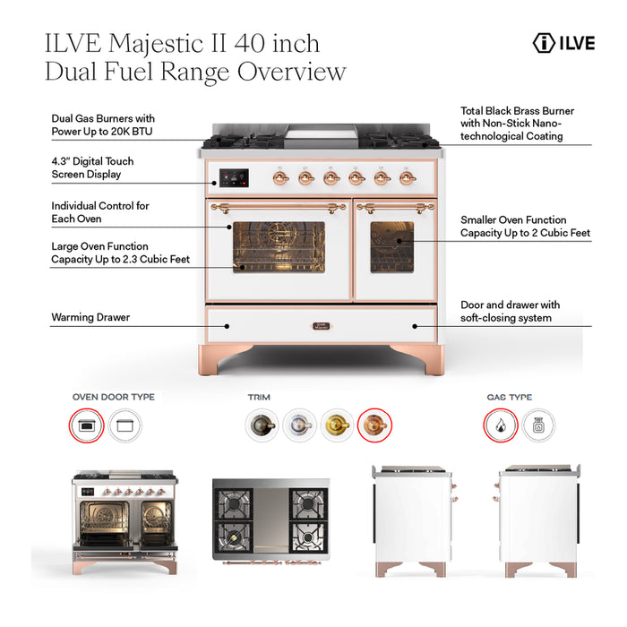 ILVE UMD10FDNS3AWP Majestic II 40 inch Dual Fuel Range with 6 Burners, Griddle (Natural Gas, Triple Glass Door, Antique White, Copper)