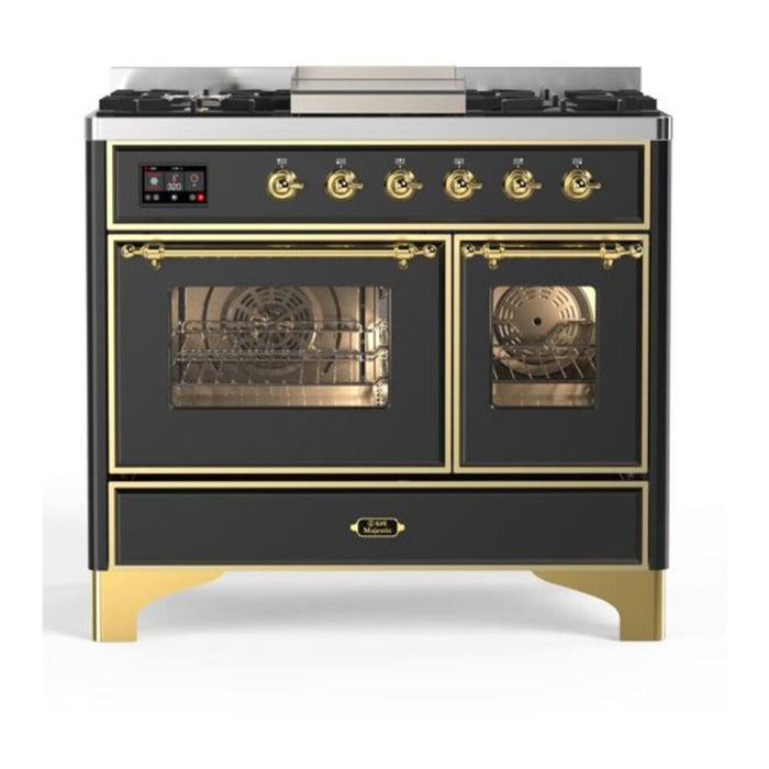 ILVE UMD10FDNS3MGG Majestic II 40 inch Dual Fuel Range with 6 Burners, Griddle (Natural Gas, Triple Glass Door, Graphite Matte, Brass)