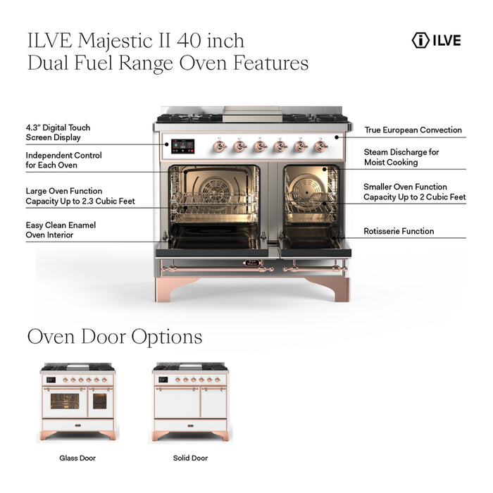 ILVE UMD10FDQNS3MGB Majestic II 40 inch Dual Fuel Range with 6 Burners, Griddle (Natural Gas, Solid Door, Graphite Matte, Burnished)