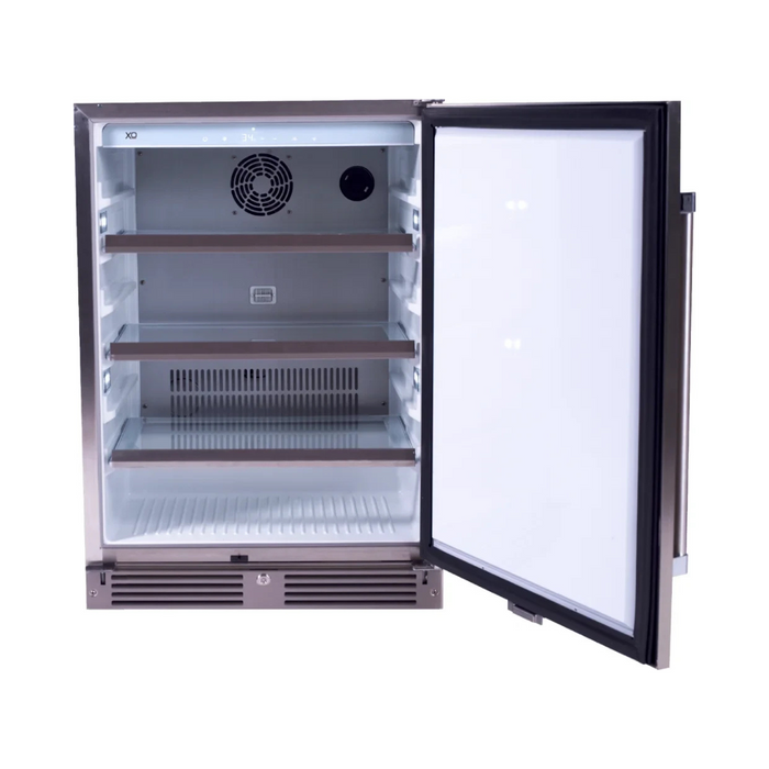 XO XOU24ORSL 24 Inch Outdoor Refrigerator with Glass Shelves, Tri-Color LED Interior Lighting, Secure Door Lock, Digital Temperature Controls, Eco/Sabbath Mode, Wine Cradle Included and Handle Options Included: Left Hinge
