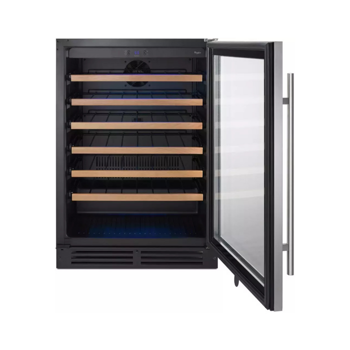 Whirlpool WUW35X24DS 24 Inch Under Counter Wine Center with 51-Bottle Capacity, 6 Shelves, Single Zone Temperature Storage and LED Interior Lighting