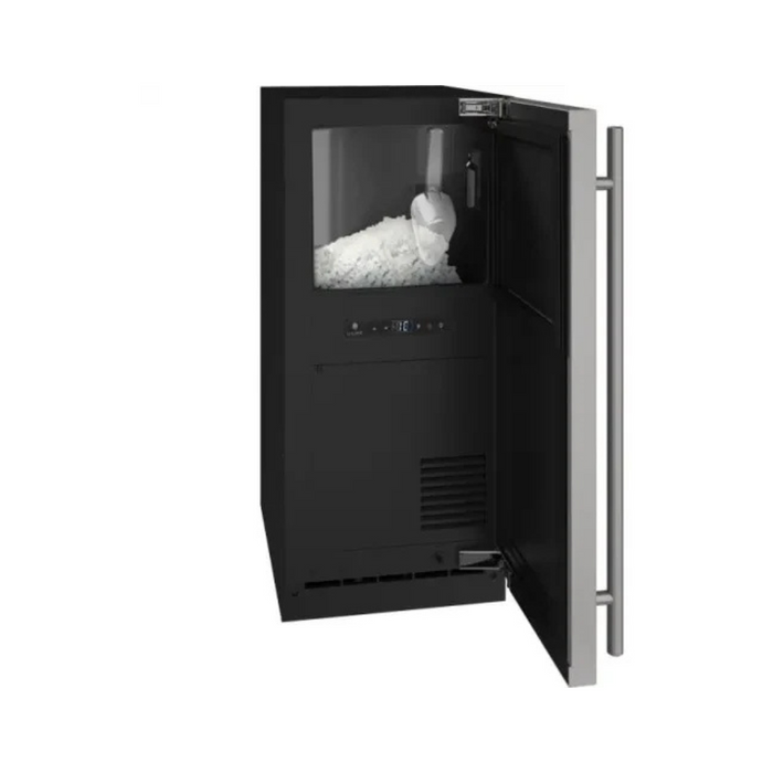 U-Line 1 Class UHNB315SS01A 15 Inch Nugget Ice Machine with LED Lighting, Eco Friendly, Digital Controls, Soft Close Door and Black Interior