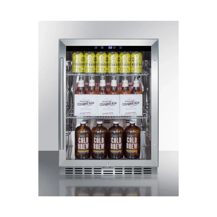 Summit Commercial Series SCR611GLOS 24 Inch Outdoor Beverage Center with 5 cu. ft. Capacity, Weatherproof Construction, CFC Free, Adjustable Cantilevered Shelves, Double-Pane Tempered Glass Door, LED Lighting, Digital Thermostat, and Sabbath Mode