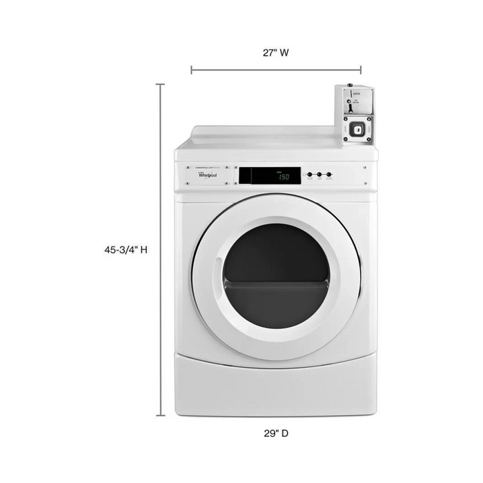 Whirlpool CED9150GW 27 Inch Electric Dryer with 6.7 Cu. Ft. Capacity, Coin Drop Installed, Coin Box Installed, Porcelain-Enamel Top, Microprocessor Controls, One-Touch Cycle Selection, 3 Dry Cycles, Cotton/Whites, Colors/Delicates, and ADA Compliant