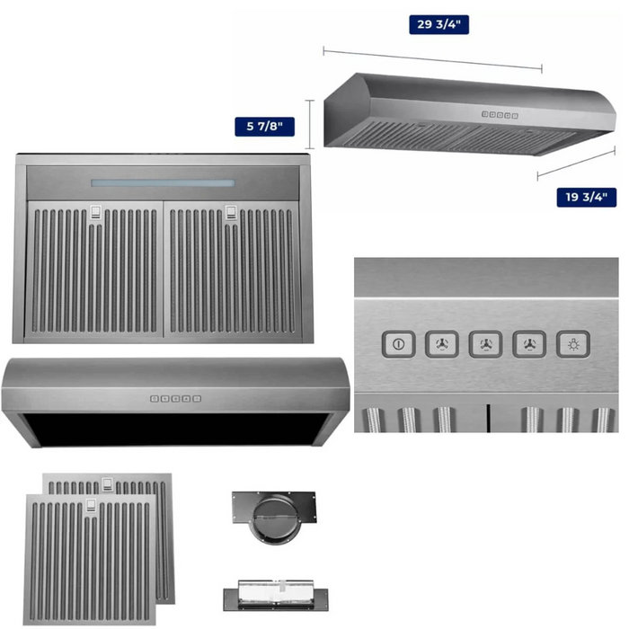 XO XOE230S 30 Inch Under Cabinet Range Hood with 3-Speed/400 CFM Blower, Push Button Controls, LED Lighting, and Dishwasher-Safe Hybrid Mesh Filter: Stainless Steel