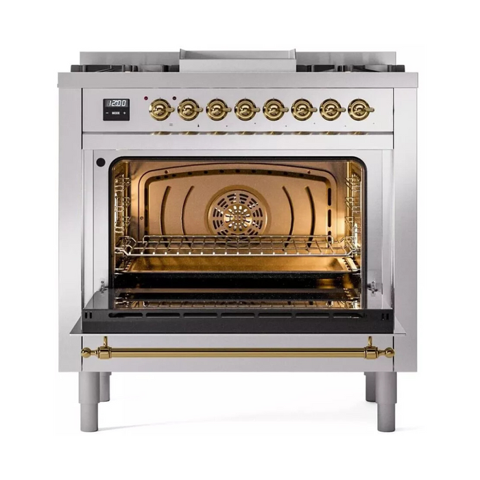 Ilve Nostalgie II Collection UP36FNMPSSGLP 36 Inch Freestanding Dual Fuel Range with 6 Sealed Burners, 3.5 cu. ft. Oven Capacity, Storage Drawer, Quick Start, Soft Closing Door and Griddle: Stainless Steel, Brass Trim