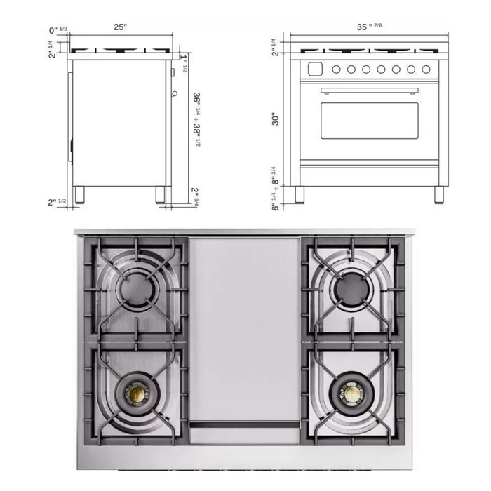 Ilve Nostalgie II Collection UP36FNMPSSGLP 36 Inch Freestanding Dual Fuel Range with 6 Sealed Burners, 3.5 cu. ft. Oven Capacity, Storage Drawer, Quick Start, Soft Closing Door and Griddle: Stainless Steel, Brass Trim